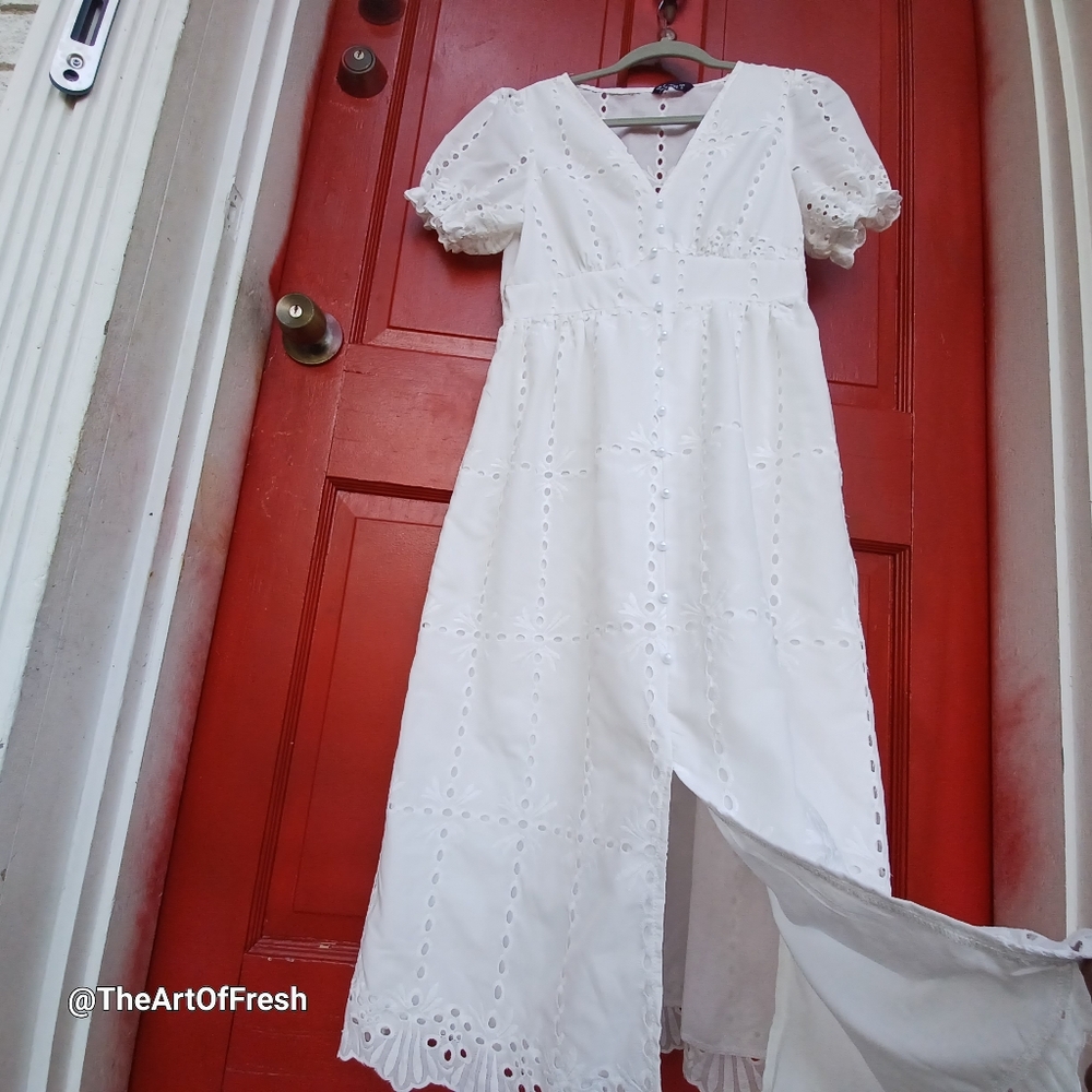 SIMPLEE Puff Sleeve Split Hem Gorgeous White Schiffy Dress - Picture 7 of 14